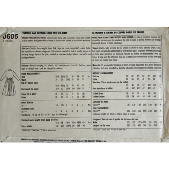 Vintage ©1989 Simplicity 0605 Full Shirt Dress Contrast Top - Picture 2 of 2